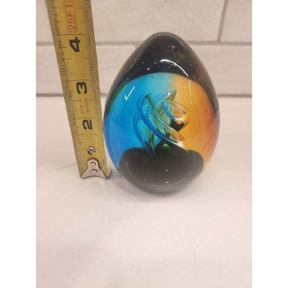 4 Inch Art Glass Paperweight Egg Blue Brown Orange Swirl with Suspended Bubbles - Picture 11 of 11